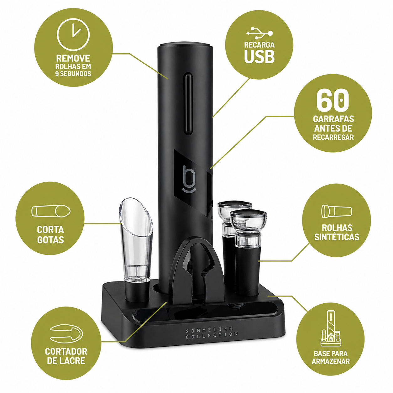 Kit Abridor de Vinhos Elétrico Saca-Rolhas Biscuitt Oak USB 4 em 1 – Sommelier Collection